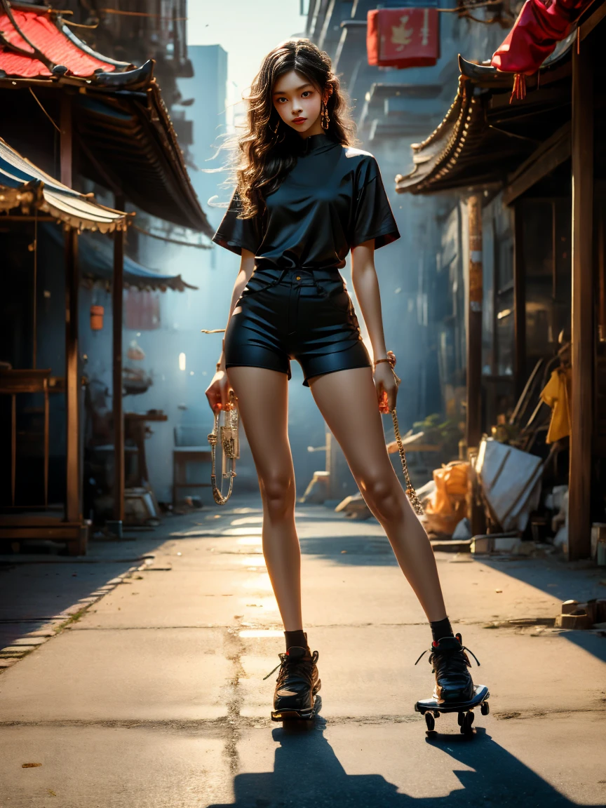 18-year-old player，Ultra HD resolution，8k，Realistic style，Sporty，Natural light，Jersey texture，cheer，Long hair，hale and hearty，whole body，White skin，Chinese Girl，Chinese Girl，long hair，In the city，High-rise buildings，Many high-rise buildings，Long legs，Smile，Blue sky，audience，Facing the camera，Short-sleeved jersey，Black neckline，Black cuffs，Black shorts，Sweatpants，sports shoes，whole body，skateboard，大Long legasterpiece，best quality，high resolution，8k，original photo，real picture，Digital Photography，(uhd, anatomically correct, textured skin, ccurate, award winning)