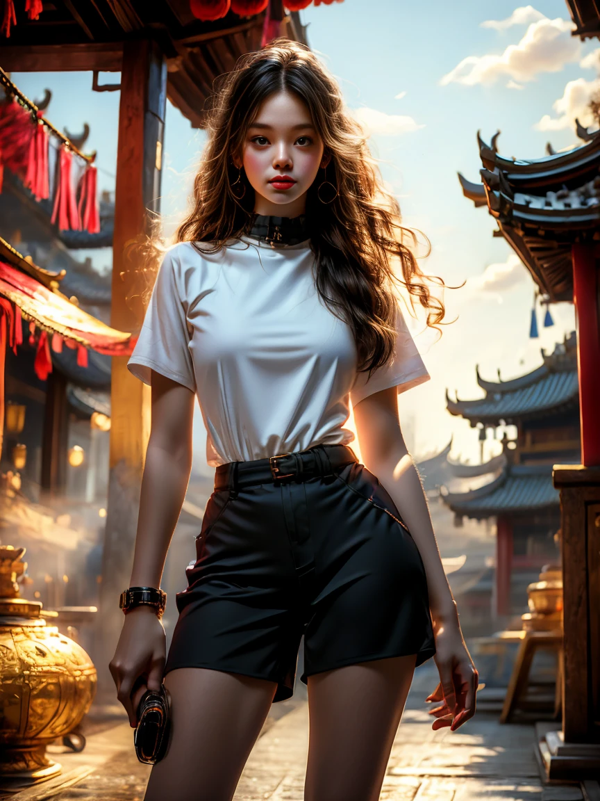 18-year-old player，Ultra HD resolution，8k，Realistic style，Sporty，Natural light，Jersey texture，cheer，Long hair，hale and hearty，whole body，White skin，Chinese Girl，Chinese Girl，long hair，In the city，High-rise buildings，很多High-rise buildings，Long legs，Smile，Blue sky，audience，Facing the camera，Short-sleeved jersey，Black neckline，Black cuffs，Black shorts，Sweatpants，sports shoes，whole body，skateboard，大Long legs，masterpiece，best quality，high resolution，8K，original photo，real picture，Digital Photography，(UHD, anatomically correct, textured skin, ccurate, award winning)