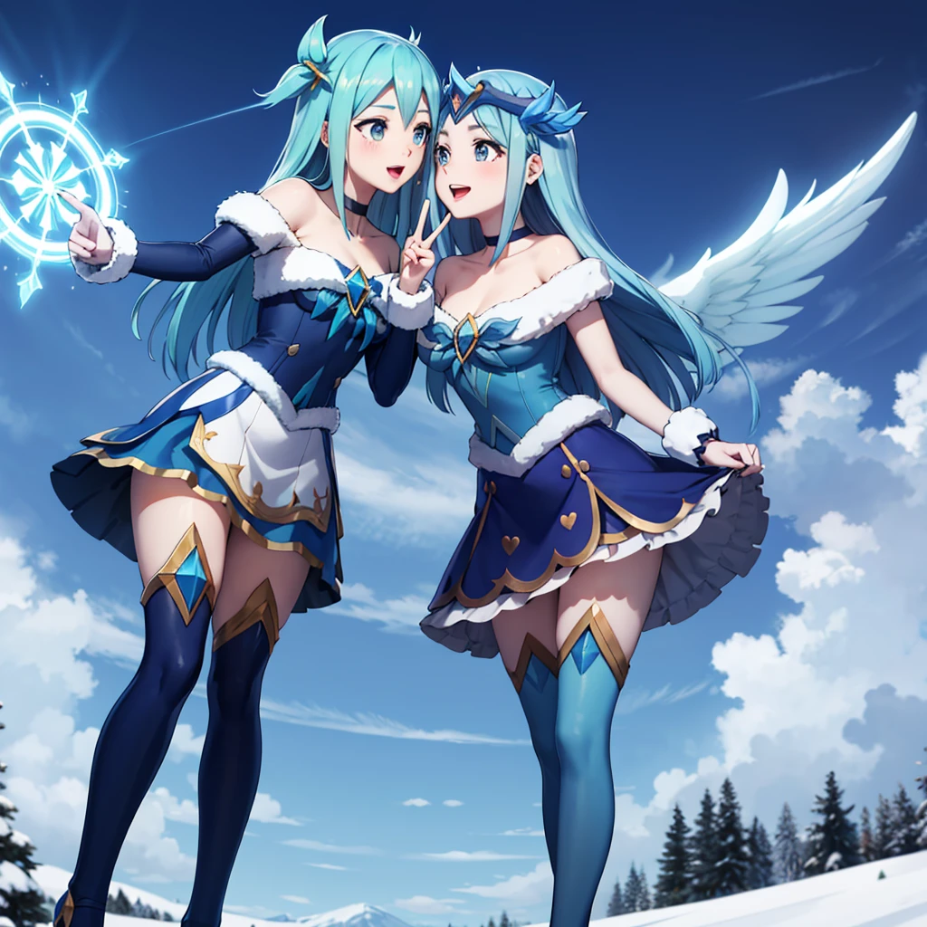 masterpiece,best quality,highres,ultra-detailed, winter wonder soraka kissing Aqua, aqua hair,long hair,hair ornament,blue theme,magical girl,blue choker,ribbon,heart brooch,dress,white dress,short sleeves,wrist cuffs,blue skirt,thighhighs,white thighhighs,high heels,outdoors,standing,:d,peace sign