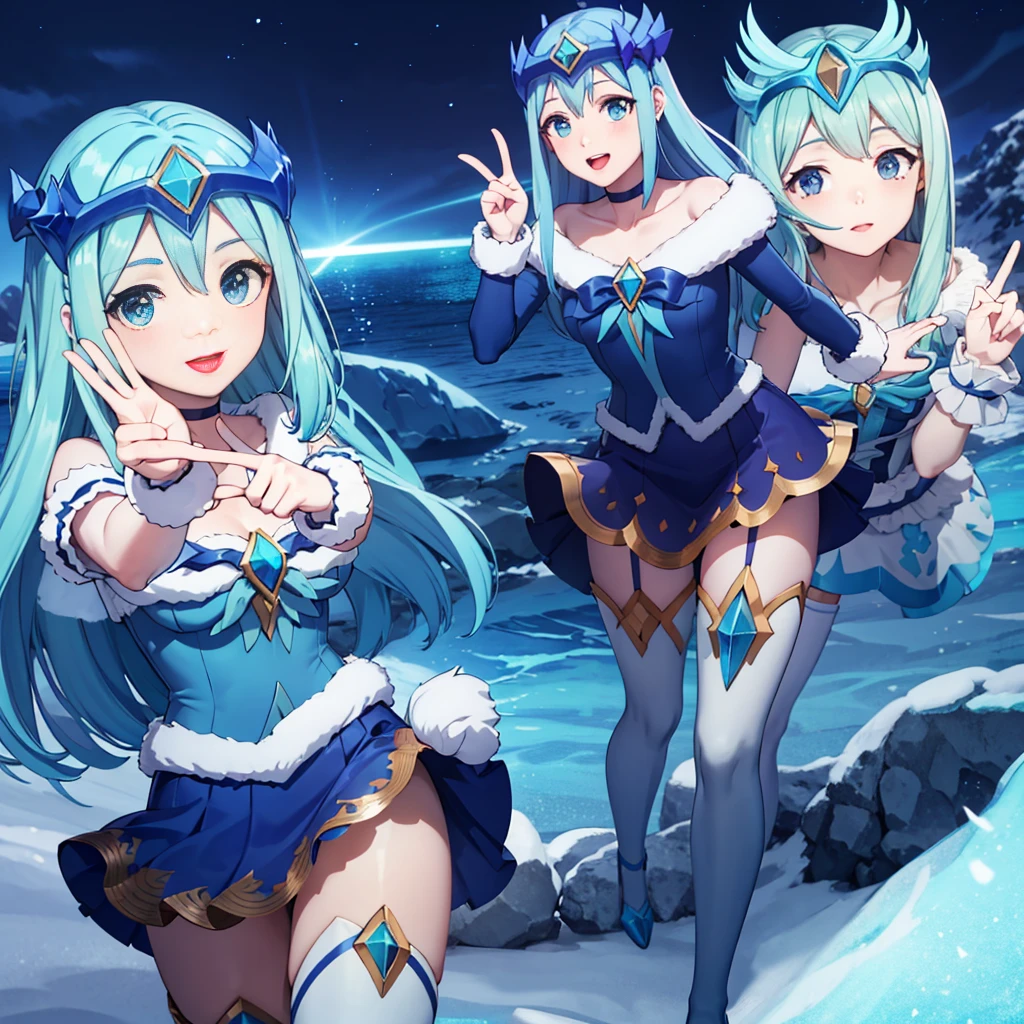 masterpiece,best quality,highres,ultra-detailed, winter wonder soraka kissing Aqua, aqua hair,long hair,hair ornament,blue theme,magical girl,blue choker,ribbon,heart brooch,dress,white dress,short sleeves,wrist cuffs,blue skirt,thighhighs,white thighhighs,high heels,outdoors,standing,:d,peace sign