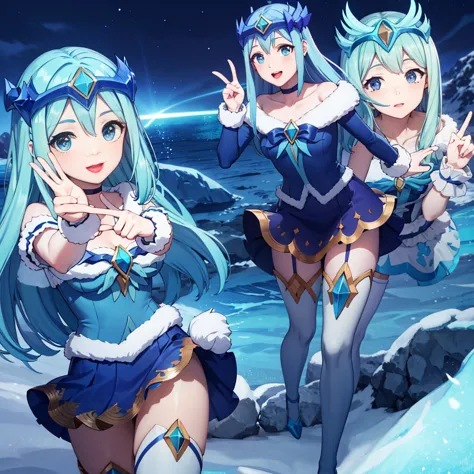 masterpiece,best quality,highres,ultra-detailed, winter wonder soraka kissing aqua, aqua hair,long hair,hair ornament,blue theme...