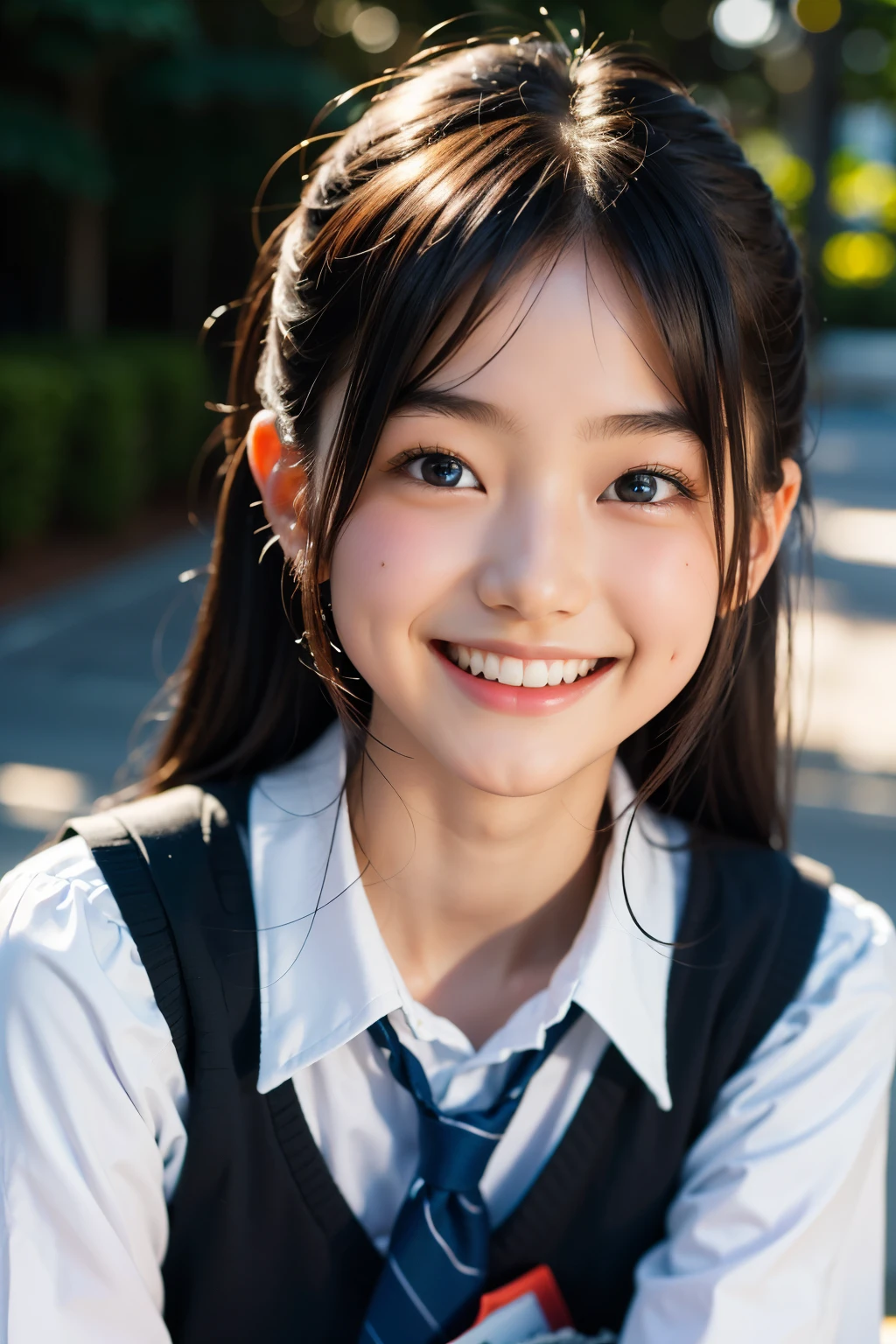 lens: 135mm f1.8, (höchste Qualität),(RAW-Fotos), (Tischplatte:1.1), (Schönes 16-jähriges japanisches Mädchen), niedliches Gesicht, (Tief gemeißeltes Gesicht:0.7), (Sommersprossen:0.4), dappled Sonnenlicht, dramatische Beleuchtung, (japanische schuluniform), (Auf dem Campus), schüchtern, (Nahaufnahme:1.2), (lächeln),, (leuchtende Augen)、(Sonnenlicht)