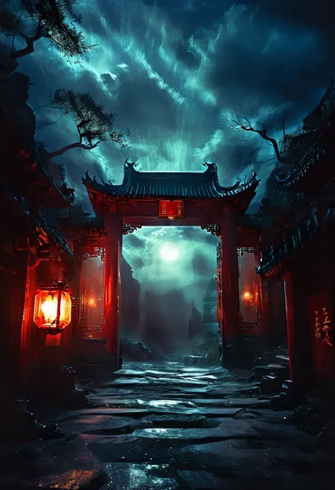 (best quality,high resolution:1.2),Super detailed,Practical:1.37,a transparent ghost in midnight,Chinese temple gate,jungle,deso...