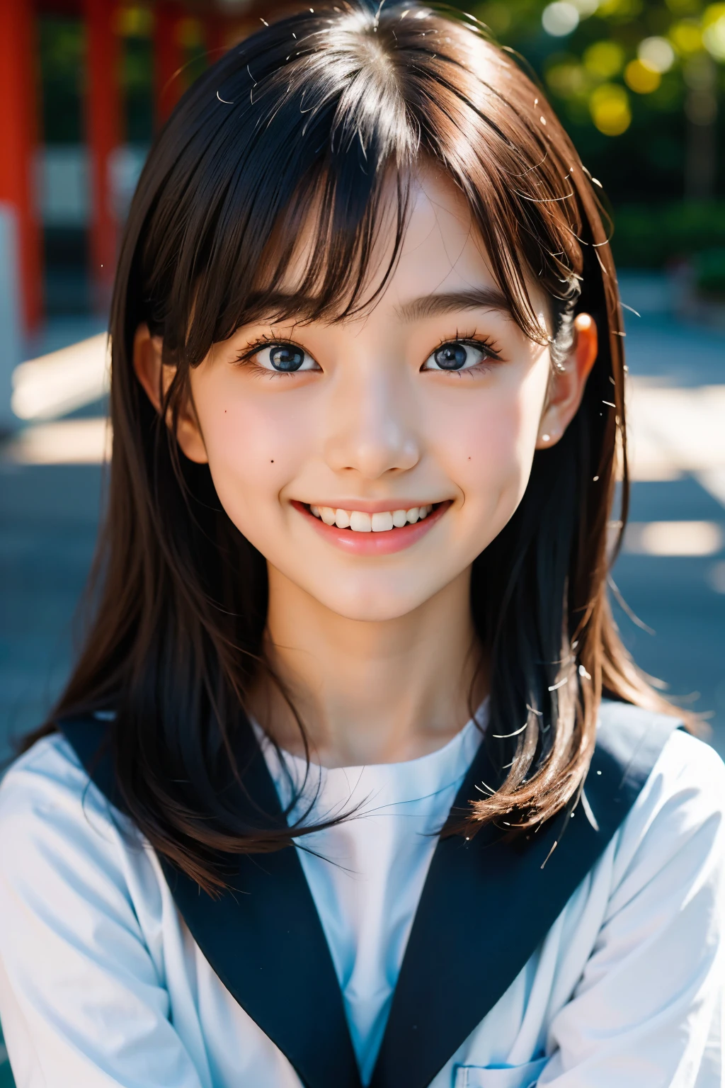 lente: 135mm f1.8, (mais alta qualidade),(Fotos RAW), (Mesa:1.1), (Linda garota japonesa de 17 anos), rosto fofo, (Rosto profundamente esculpido:0.7), (sardas:0.4), dappled luz solar, iluminação dramática, (uniforme escolar japonês), (No campus), tímido, (close-up:1.2), (Sorriso),, (olhos brilhantes)、(luz solar)