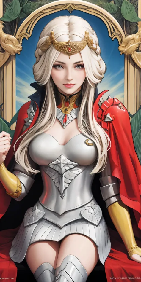 (masterpiece, best quality),  1girl, solo, (the empress:1.15), platinum blonde, long hair, (red cape), Curtain, armored dress, q...