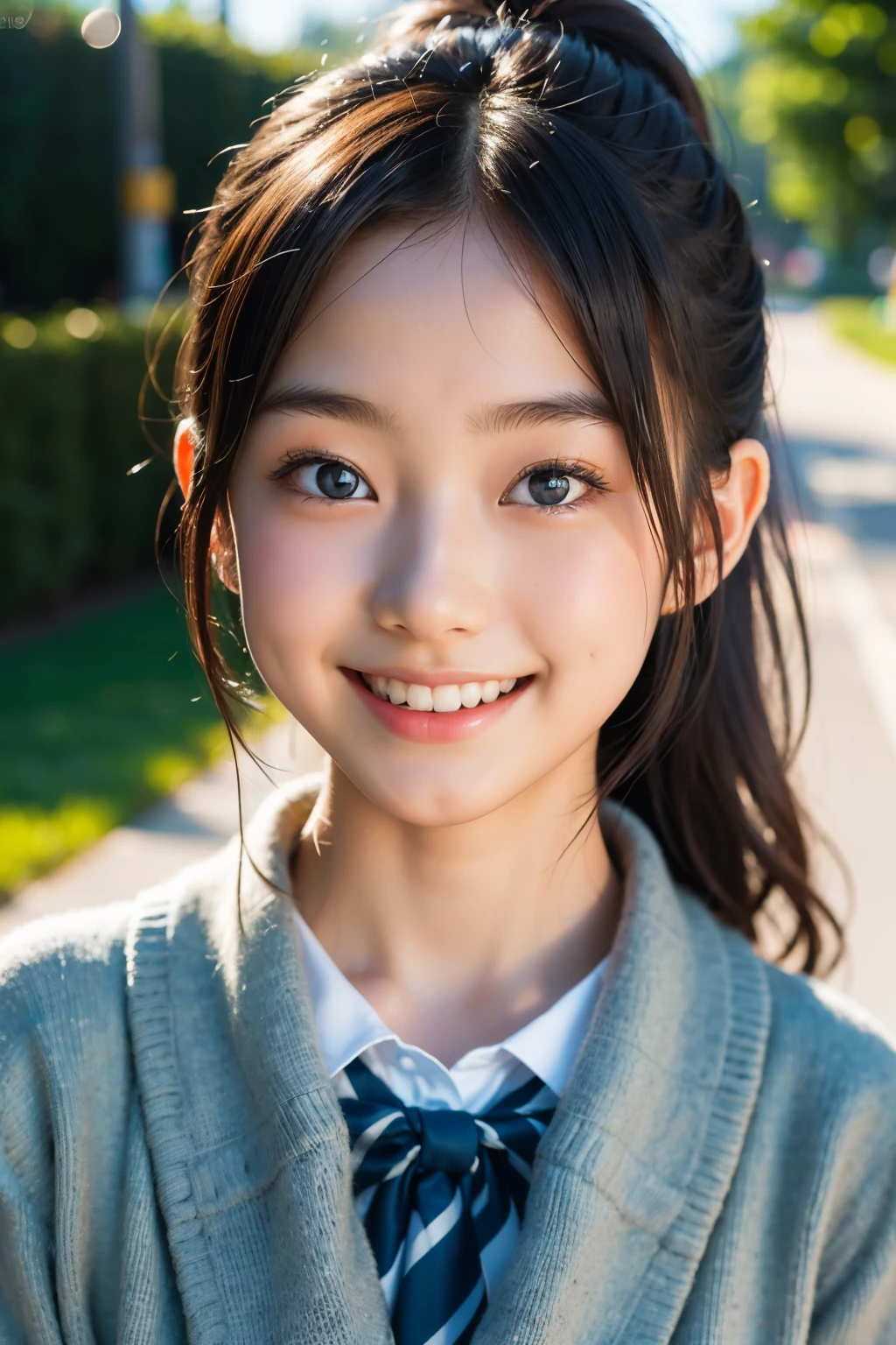 lente: 135mm f1.8, (mais alta qualidade),(Fotos RAW), (Mesa:1.1), (Linda garota japonesa de 17 anos), rosto fofo, (Rosto profundamente esculpido:0.7), (sardas:0.4), dappled luz solar, iluminação dramática, (uniforme escolar japonês), (No campus), tímido, (close-up:1.2), (Sorriso),, (olhos brilhantes)、(luz solar), rabo de cavalo