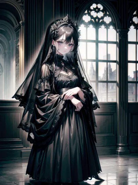 full body shot, sickly girl, black dress, face veil, mansion, hall, absurdres, raw photo, extremely delicate and beautiful, mast...