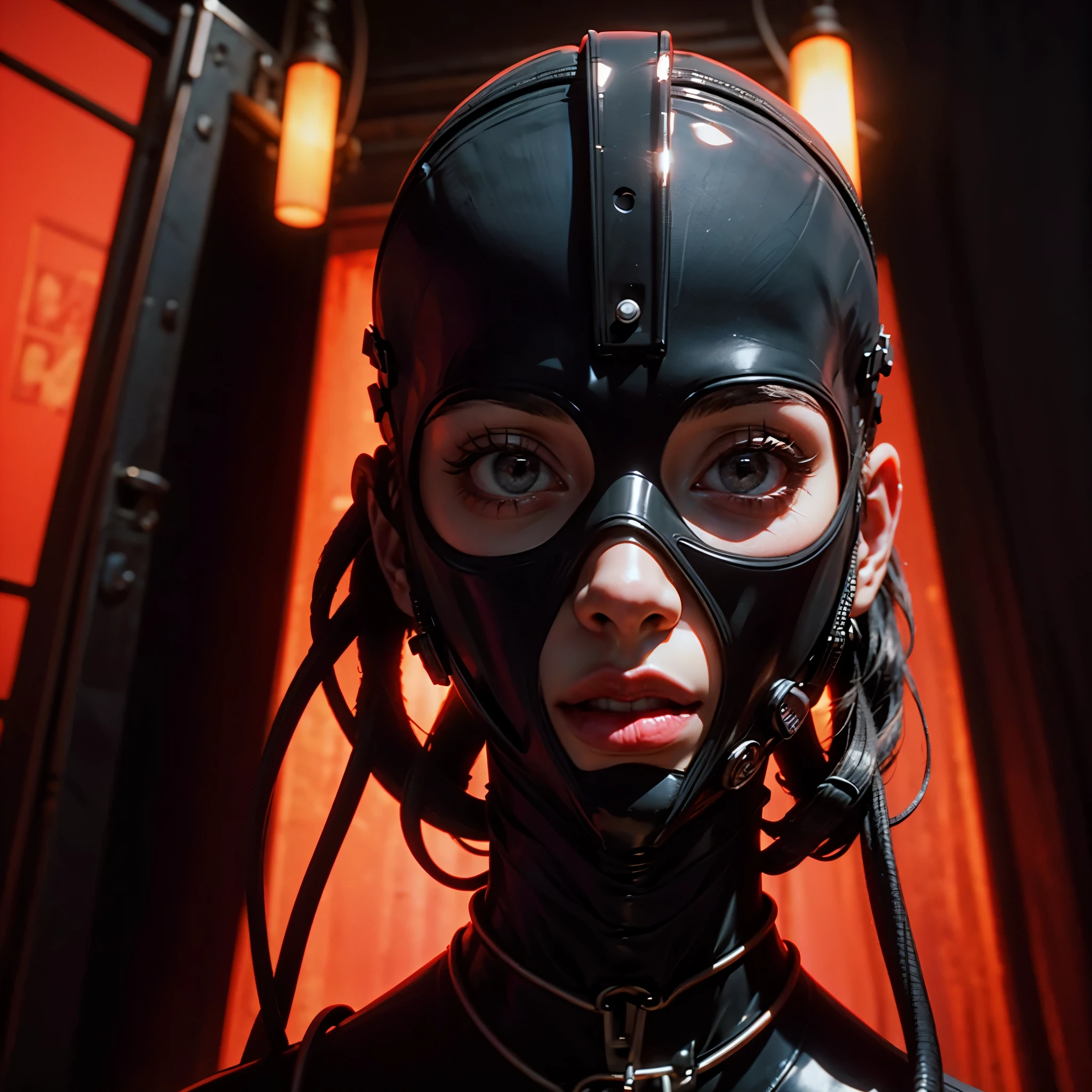 a very beautiful and very thin girl, wears black underwear with tights and latex face mask. Dark room with only red neon lighting. Viele Details, extremely realistic. good quality, 8k