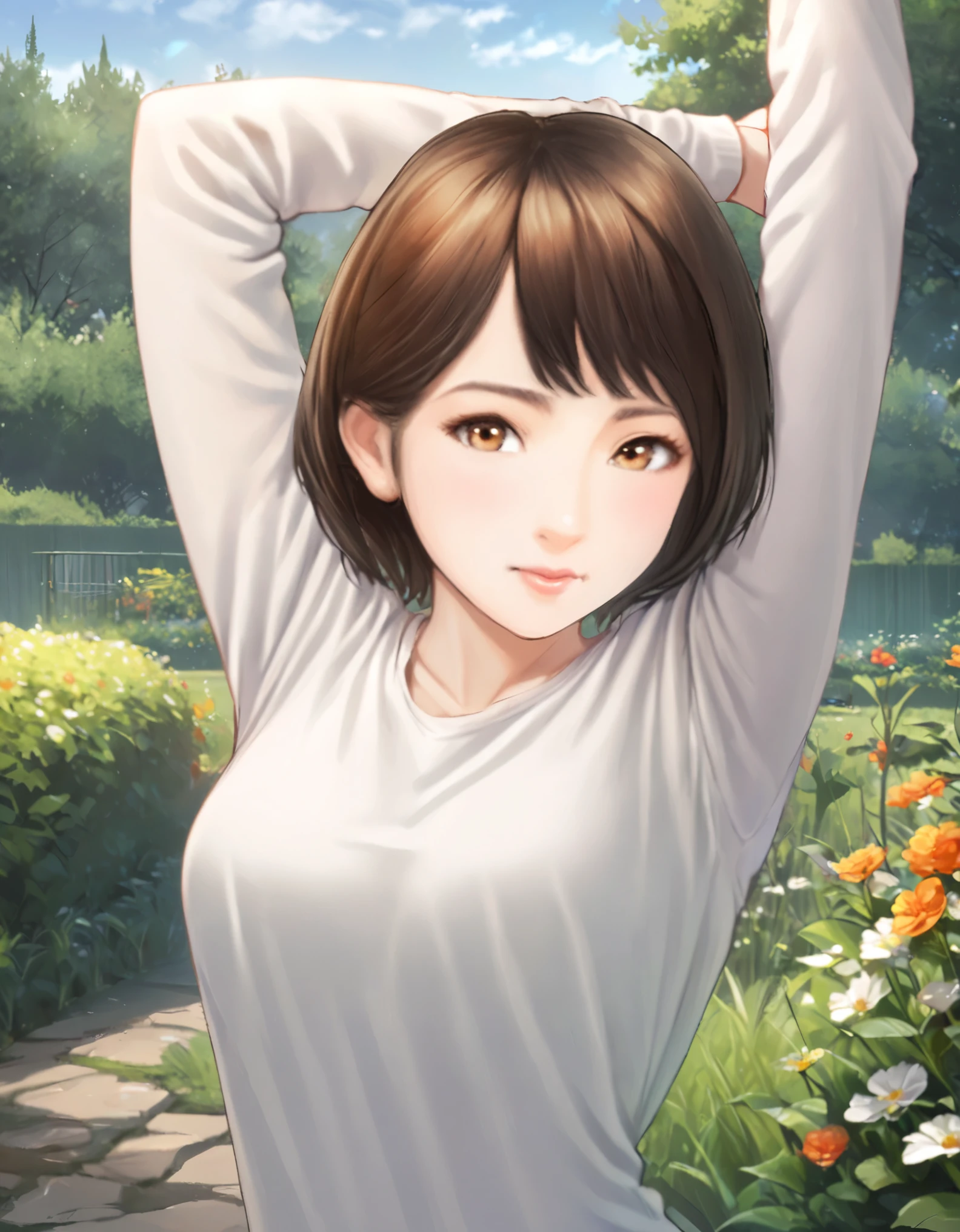 (best quality:1.2), 1girl, break, stretch, garden, morning