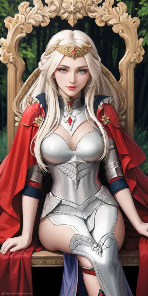 (masterpiece, best quality),  1girl, solo, (the empress:1.15), platinum blonde, long hair, (red cape), Curtain, armored dress, q...
