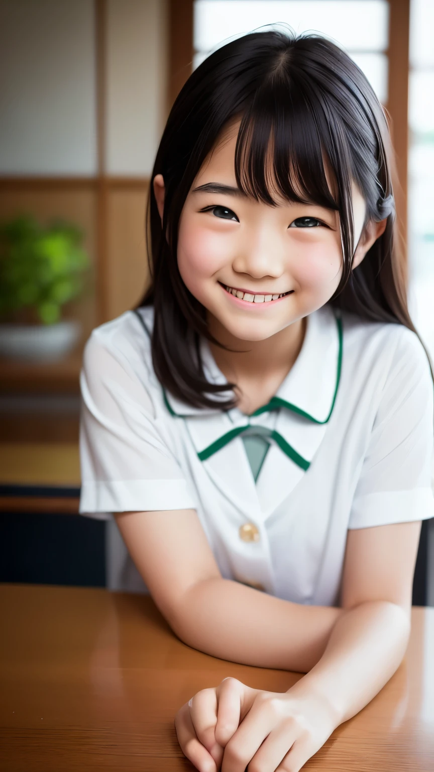 lente: 135 mm f1.8, (de la máxima calidad),(Fotos CRUDAS), (Mesa:1.1), (Hermosa y cuidada chica japonesa), Cara linda, (Cara profundamente cincelada:0.7), (pecas:0.4), dappled luz de sol, iluminación dramática, (uniforme escolar japonés), (en el campus), tímido, (fotografía de cerca:1.2), (sonrisa),, (ojos chispeantes)、(luz de sol)