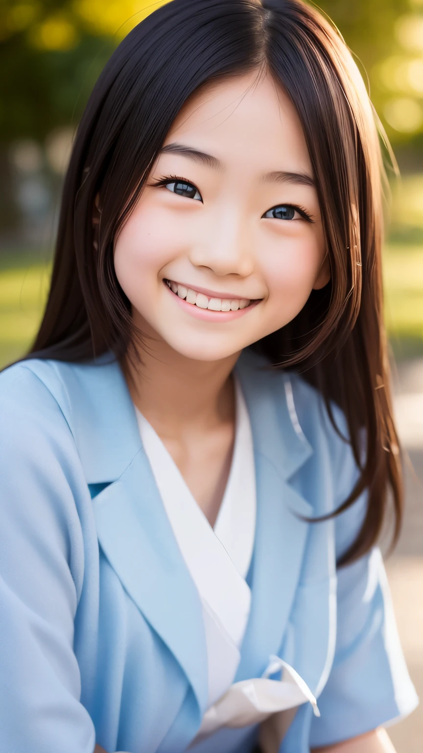 lente: 135mm f1.8, (mais alta qualidade),(Fotos RAW), (Mesa:1.1), (Linda e arrumada garota japonesa), rosto fofo, (Rosto profundamente esculpido:0.7), (sardas:0.4), dappled luz solar, iluminação dramática, (uniforme escolar japonês), (No campus), tímido, (close-up:1.2), (Sorriso),, (olhos brilhantes)、(luz solar)