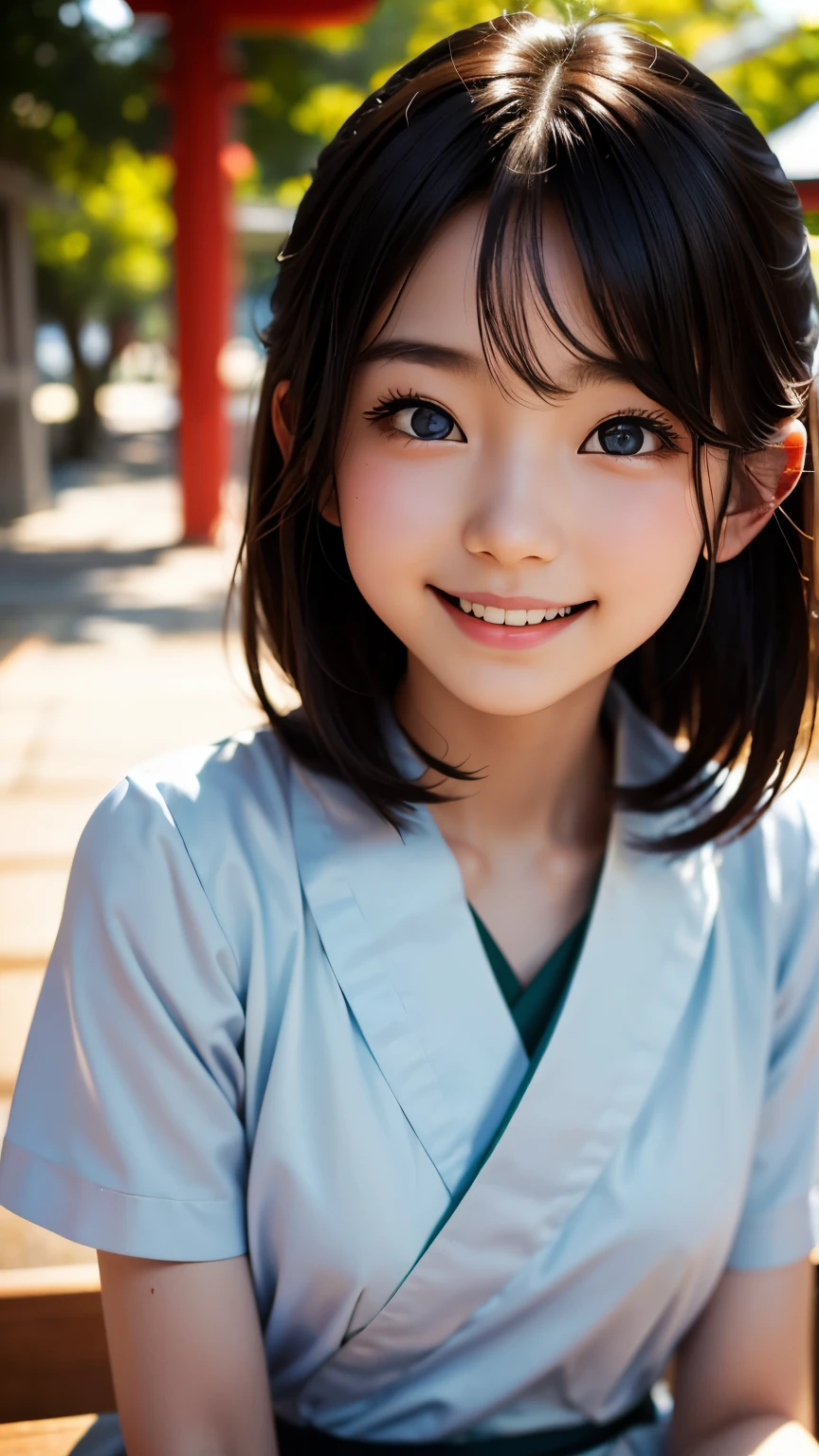 lente: 135mm f1.8, (mais alta qualidade),(Fotos RAW), (Mesa:1.1), (Linda e arrumada garota japonesa), rosto fofo, (Rosto profundamente esculpido:0.7), (sardas:0.4), dappled luz solar, iluminação dramática, (uniforme escolar japonês), (No campus), tímido, (close-up:1.2), (Sorriso),, (olhos brilhantes)、(luz solar)