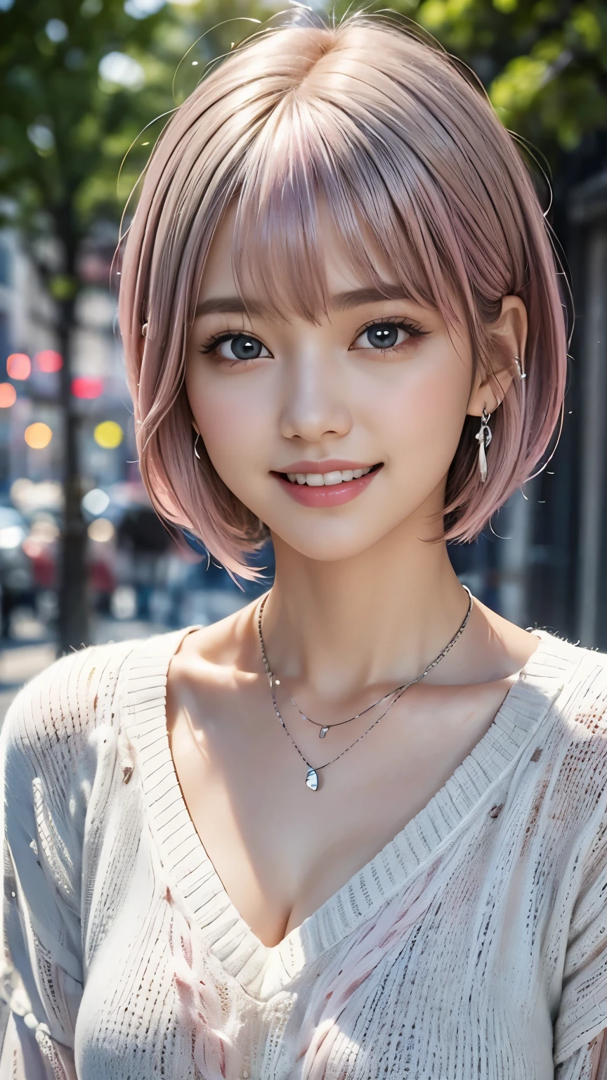 (8k, highest quality, masterpiece:1,2), (Realistic, Photorealistic:1.37), Super Detail, One Girl,), (Very detailedな), (Beautiful and detailed eyes), (highest quality), (Very detailed ), (masterpiece), (Detailed face),20-year-old, ,1 girl, ((Pink Hair,Very short hair)), Dressed, Perfect lighting,  (White sweater:1.2),  (Silver earrings:1.1), (Silver Necklace:1.1) Cut the left bangs, Pin on right ear, smile, Teeth are visible, Eyes staring at the camera, put one&#39;s right hand in one&#39;s coat pocket, Place your left hand on your hip, Put your right foot forward, The left leg is bent, Urban background, Dark colors, Contrast, Evening Light, Light from the left, Right Shadow, Coat and tights texture,head shot
