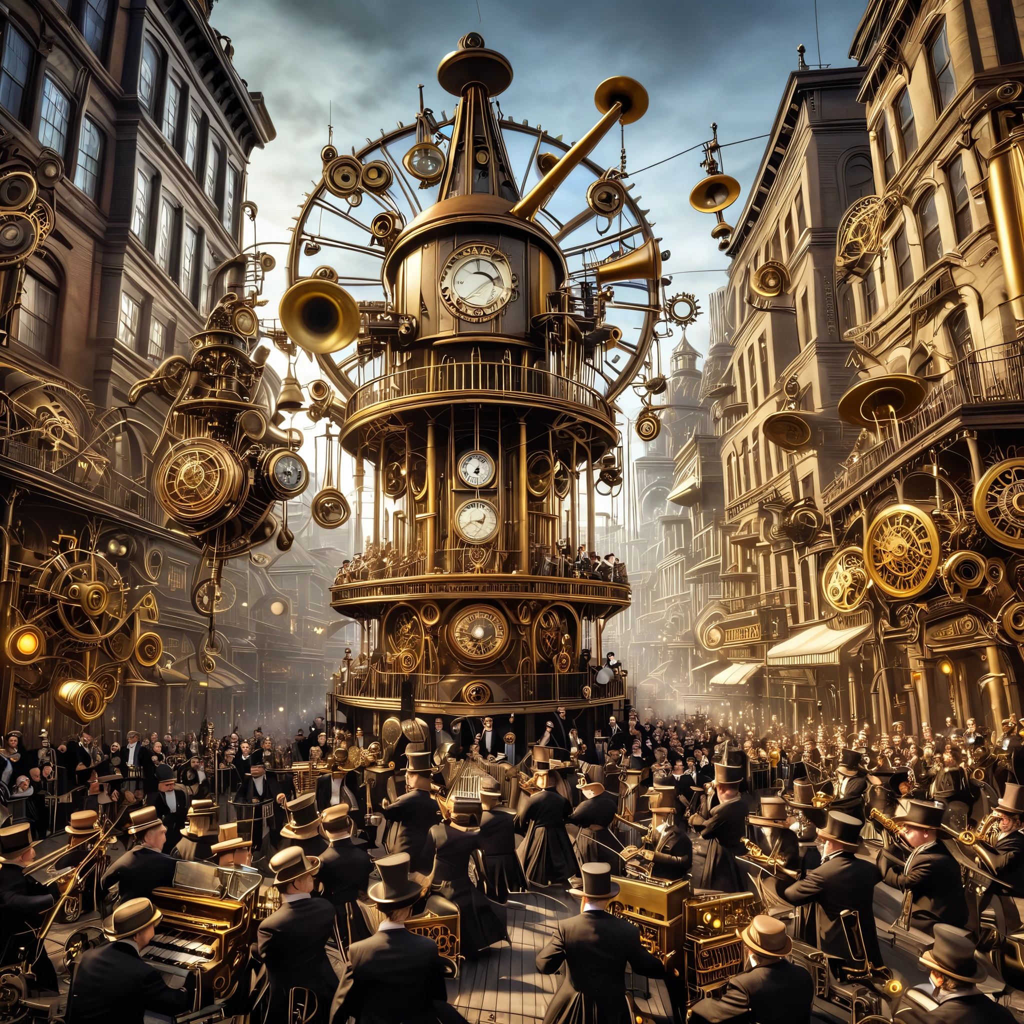 Una gran orquesta mecánica actúa en medio de un paisaje urbano steampunk, cada engranaje y engranaje en perfecta armonía con los ritmos del tiempo. Del tic-tac de los péndulos al melódico repique de las campanas, la sinfonía de la ciudad resuena por las calles. photoreal