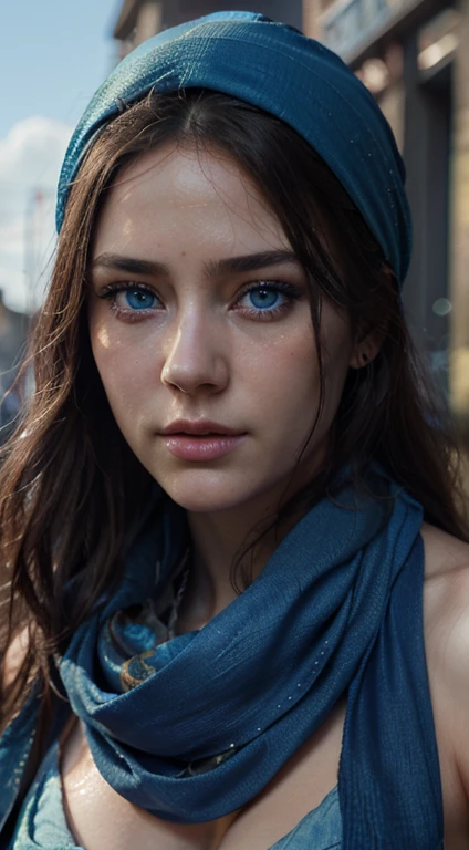 一個戴著藍色圍巾和藍色頭巾的女人的特寫, 完美的藍眼睛, guweiz 風格的藝術品, 美麗而真實的臉孔, 8K寫實數位藝術, 令人驚嘆的數位插圖, 大而細緻的眼睛, 超詳細的臉部和眼睛, 逼真渲染的眼睛, 超現實主義幻想藝術, 詳細逼真的臉孔, 藍色銳利的眼睛