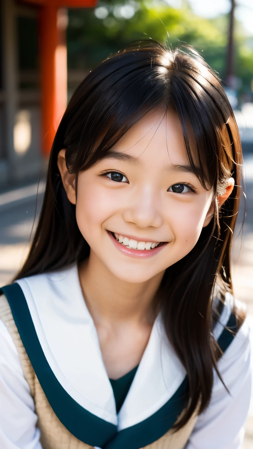 lente: 135mm f1.8, (mais alta qualidade),(Fotos RAW), (Mesa:1.1), (Linda menina japonesa de 10 anos), rosto fofo, (Rosto profundamente esculpido:0.7), (sardas:0.4), dappled luz solar, iluminação dramática, (uniforme escolar japonês), (No campus), tímido, (close-up:1.2), (Sorriso),, (olhos brilhantes)、(luz solar)