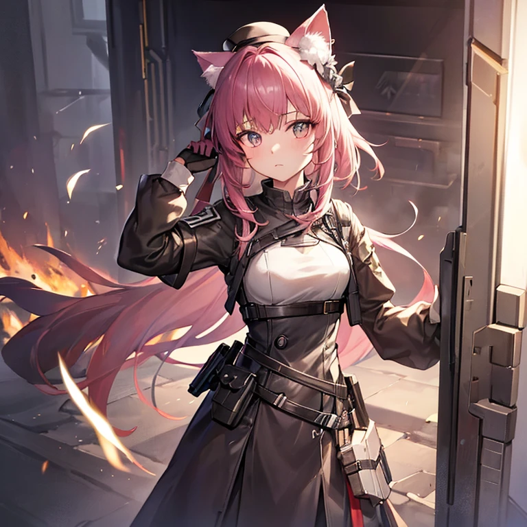 Need to create a single character image，The style is similar to the character portraits of the mobile game Arknights，Race is the film in the game，From the in-game country Victoria，Occupation is the intelligence unit of the country in the game Gray Hat。Age 18 years，Height 1.5 meters。She is a cat girl loli，The hair is pink，Petite and cute，But there is great power hidden under the dark uniform，Good appearance，There is a murderous atmosphere，But the walking posture is a bit silly。She wears combat gloves on both hands，There is a grey top hat on his head，However, cat ears can be seen by people without being blocked.。The weapon you hold can be either melee or ranged.。