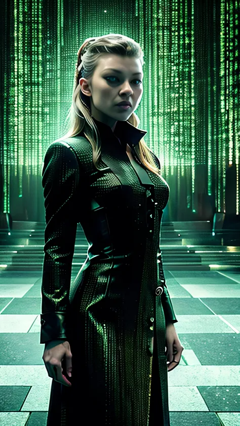 (natalie dormer) as margaery tyrell, in 'the matrix', long black coat, black leather pants, high heels, background green matrix ...