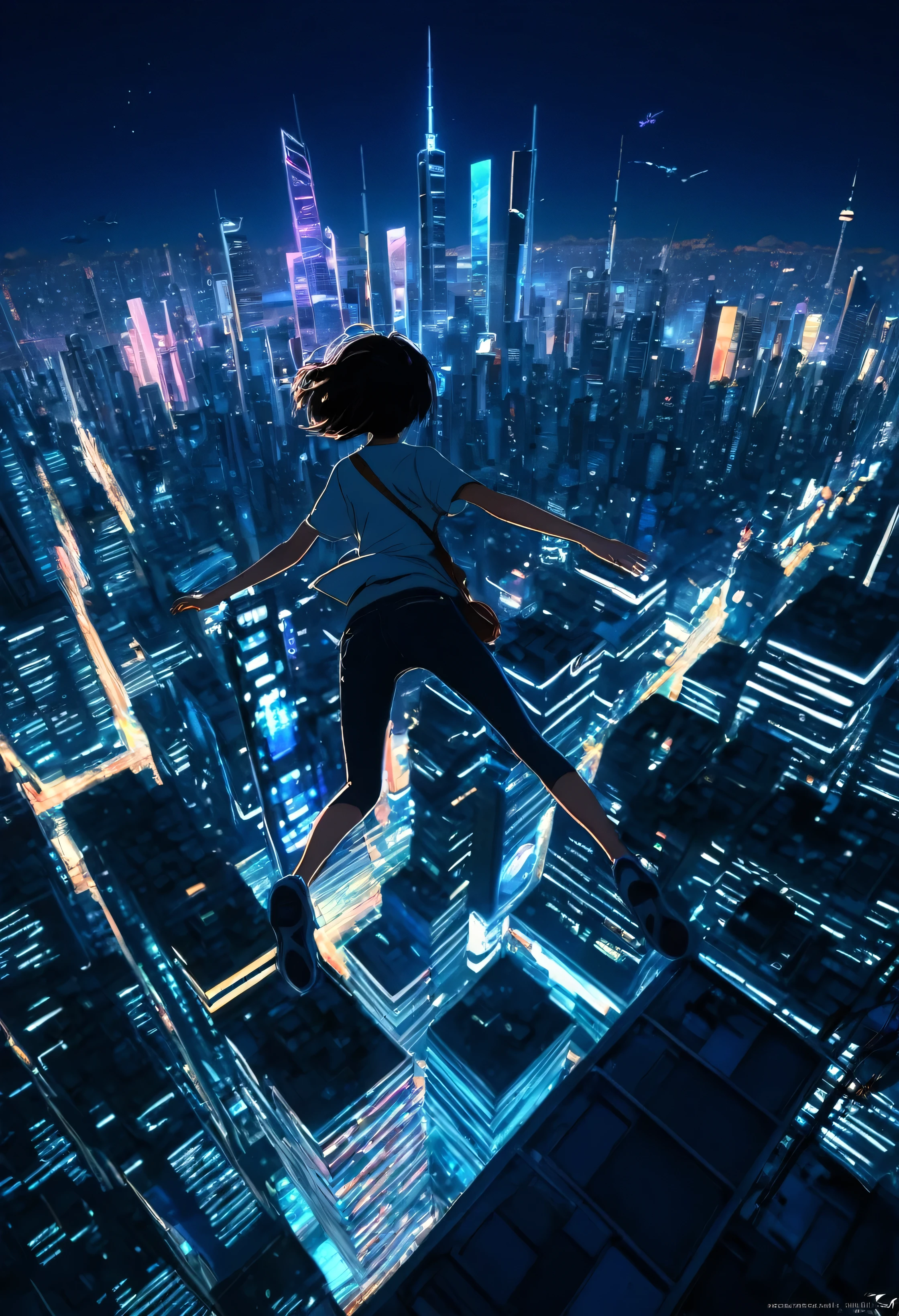 una persona cayendo de un edificio al aire con una ciudad de fondo, arte conceptual por Yuumei, tendencia en CGSociety, conceptual art, Elevándose sobre una ciudad densa, Makoto Shinkai Cyril Rolando, amanecer CGsociedad, cielos cósmicos. por Makoto Shinkai, renderizado de octanaje. por Makoto Shinkai, sociedad cg de alta definición,kafka ,8K, Observando la ciudad desde un rascacielos,ciudad de neón de noche,