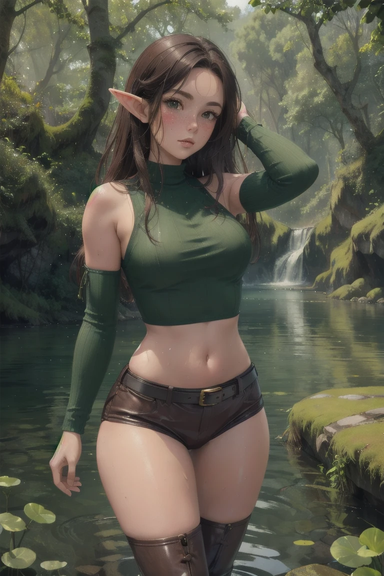 elf girl, master piece, mountains, forest, chilling in lake, thigh deep in water, walking to viewer, leather straps, one piece green sweater, blushing, freckles, wide hips, slim waist, thick thighs, hourglass shape, masterpiece, best quality, sfw, mature 26 year old woman, eleagant lake, tranquility fills the morning air, dew on trees and lake, slightly foggy, brown hair, thigh high leather boots, standing in water, moist face, bare shoulders, sleeveless top, leather belt, 