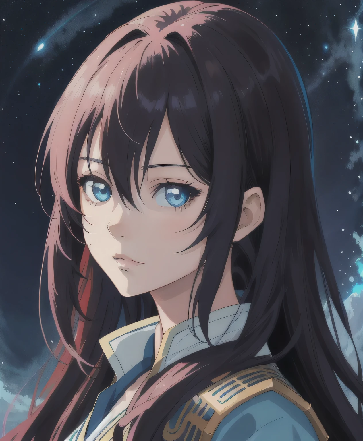 a woman with long hair and blue eyes standing in front of a night sky, portrait knights of zodiac girl, detailed digital anime art, stunning anime face portrait, beautiful anime portrait, detailed portrait of anime girl, beautiful anime face, artwork in the style of guweiz, portrait of a female anime hero, portrait of an anime girl, digital anime illustration