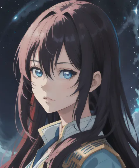 a woman with long hair and blue eyes standing in front of a night sky, portrait knights of zodiac girl, detailed digital anime a...