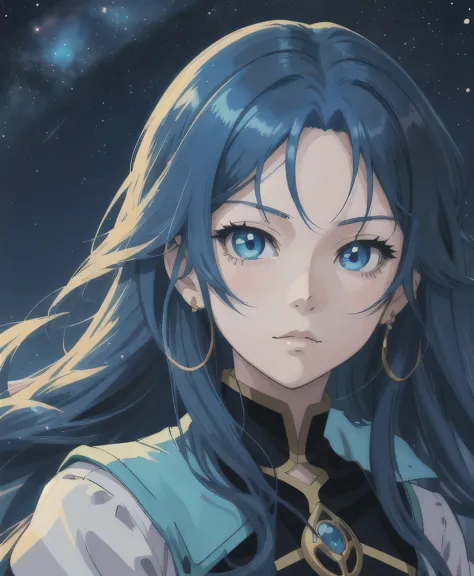 a woman with long hair and blue eyes standing in front of a night sky, portrait knights of zodiac girl, detailed digital anime a...