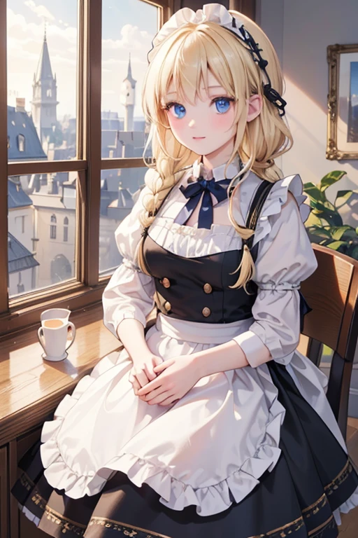 (8k, highest quality, Tabletop:1.2)、Ultra-high resolution、Baroque, One 18-year-old girl, Perfect Fingers, Detailed face, blue eyes, Blonde, Braid, Black maid outfit,  Inside the castle, Window, Open the window and look out