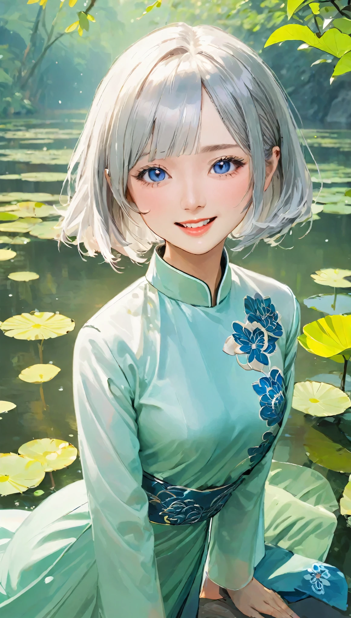 Tabletop, highest quality, High resolution,Portrait, (((Detailing、8k resolution))), (((Beautiful face drawn in every detail))),Full body angle,Smirking expression、alone, bright light blue eyes, ((Beautiful silky silver hair、Short Bob、Shortcuts))、(((Beautiful Ao Dai:1.3、Ao Dai,Beautiful White Ao Dai)))、Outdoor、Lake Lotus