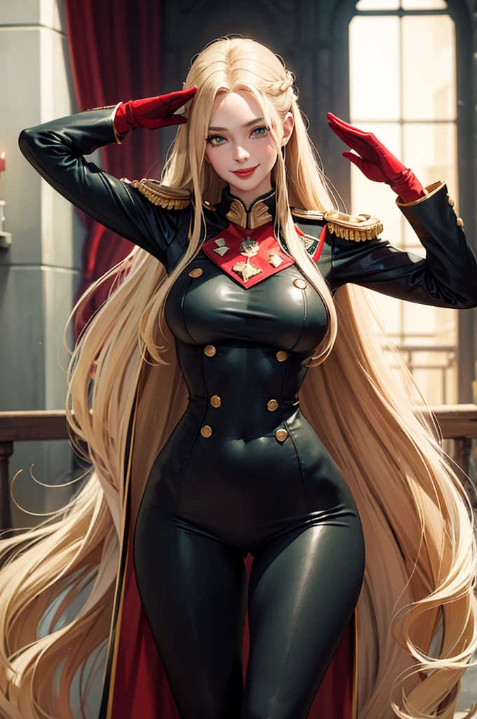 Woman saluting,bionde,Long hair is thick,very red lips,BIG ASS,Narrow waist,Long legs,Green Eyes Standing 8k(( A sloppy smile, The face we&#39;re looking for, Mischievous face)), ,8k(( Anime Style, The facial expression is good, Anime StyleGreen Eyes, The facial expression is good:1.５)), Standing at the station, Morning, Beauty, soldier, uniform,spring,cherry blossoms,Huge breasts looking at camera:1.1,Anime Styleの顔