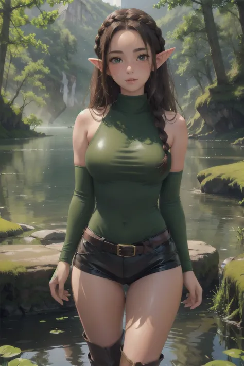 elf girl, master piece, mountains, forest, chilling in lake, thigh deep in water, walking to viewer, leather straps, one piece g...