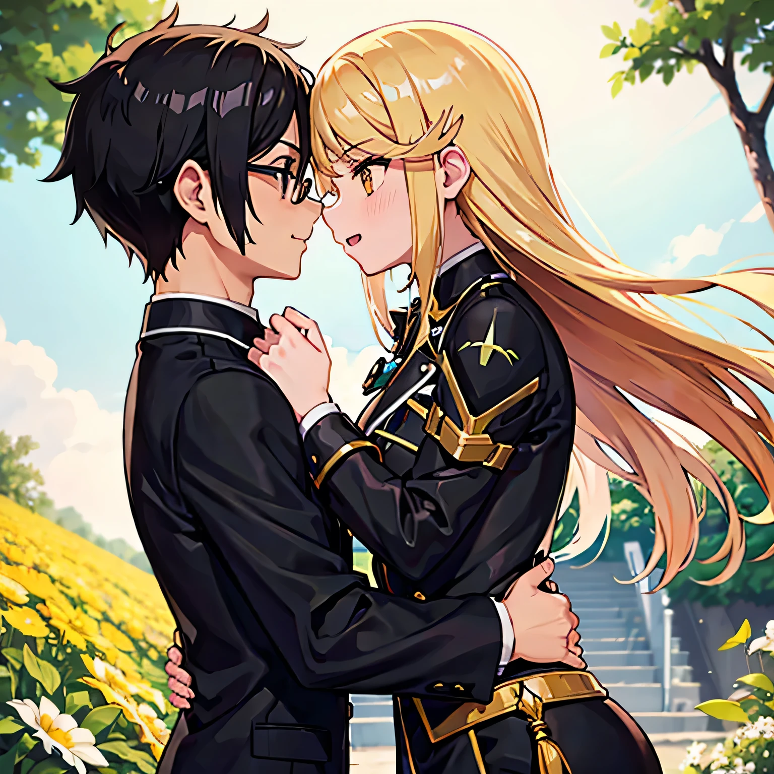 1 boy with black hair with glasses romantically kissing a girl with blonde hair and amber eyes. Campo de flores al fondo., amor verdadero, mejillas sonrojadas, alta calidad, uniforme escolar 