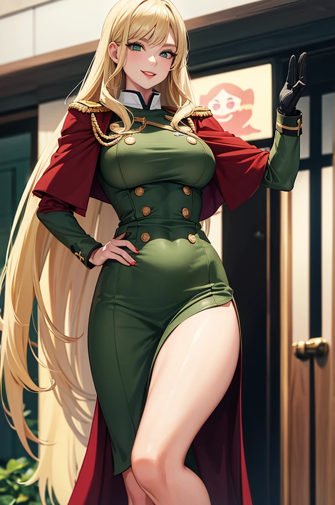 Woman saluting,Blonde,Long hair is thick,very red lips,Big Ass,Narrow waist,Long legs,Green Eyes Standing 8k(( A sloppy smile,The face we&#39;re looking for, Winking)), ,8k(( Anime Style, The facial expression is good, Anime Style緑色の眼, The facial expression is good:1.５)), Standing at the station, Morning, Beauty, soldier, uniform,spring,cherry blossoms,looking at the camera