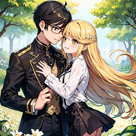 1 boy with black hair with glasses romantically kissing a girl with blonde hair and amber eyes. Campo de flores al fondo., amor ...