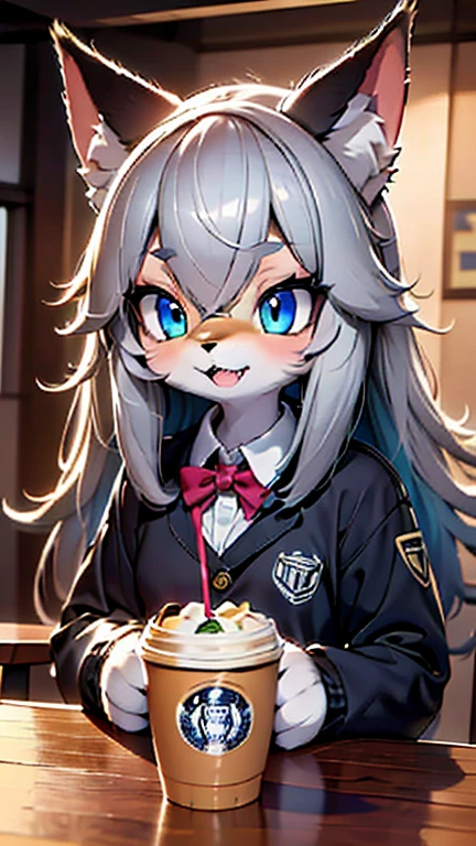 solo,1wolf female\(silver wolf,fluffy,cute,kawaii,age of 15,smile, open mouth,sharp teeth,hair floating,hair color silver,long hair,eye color cosmic,big eyes,jk,jk uniform,drinking bubble tea\(tapioca\)\),background\(outside,at downtown,sunlight\), BREAK ,quality\(8k,wallpaper of extremely detailed CG unit, ​masterpiece,hight resolution,top-quality,top-quality real texture skin,hyper realisitic,increase the resolution,RAW photos,best qualtiy,highly detailed,the wallpaper,cinematic lighting,ray trace,golden ratio\), BREAK ,[nsfw:2.0],dynamic angle