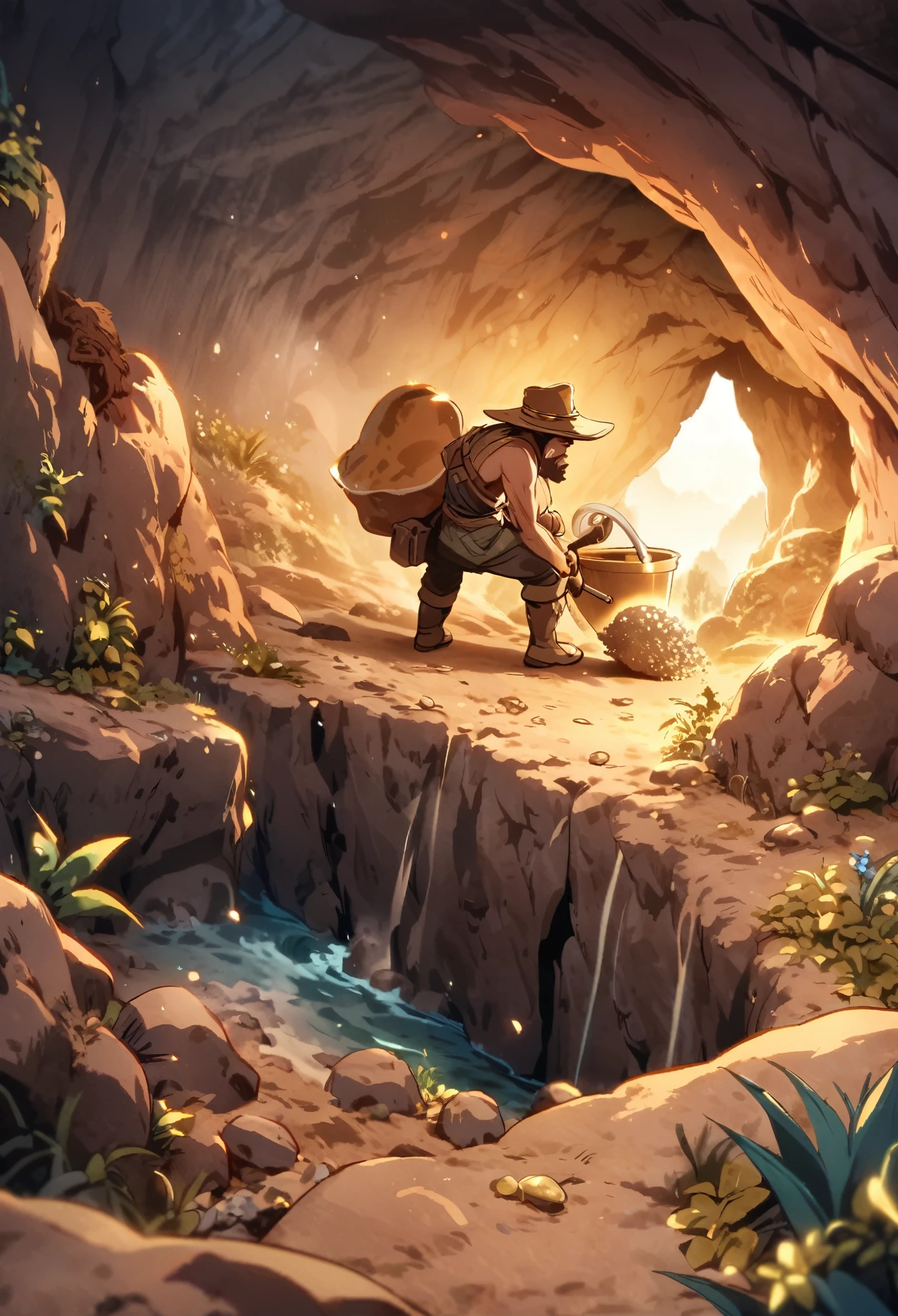 Prospector digging for gold in a cave in a mountain