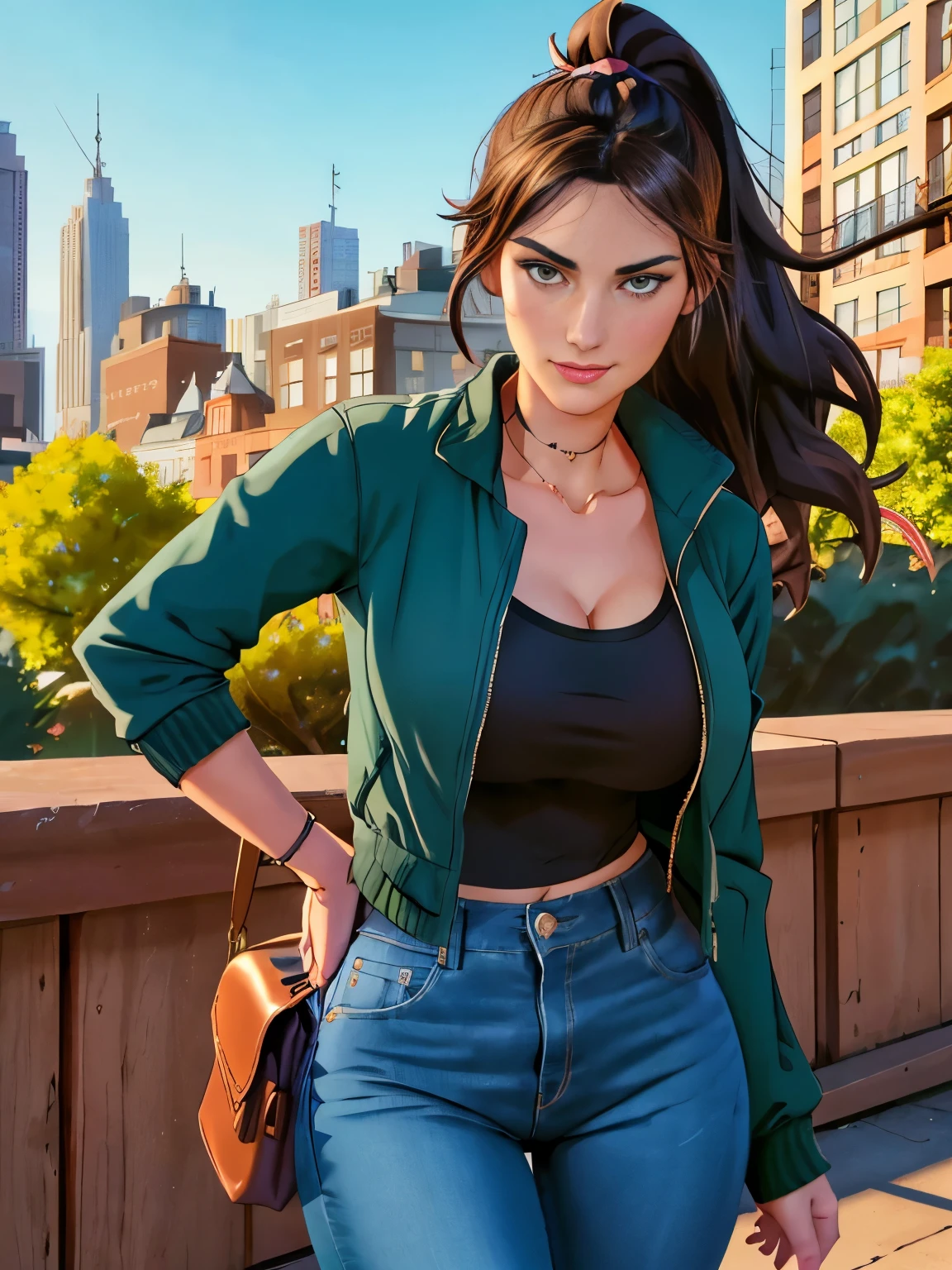 (masterpiece, top quality, best quality, official art, beautiful and aesthetic:1.2), (1girl:1.3), dark brown hair pulled back, elegant updo, extremely detailed, portrait, looking at viewer, facing viewer, solo, (full body:0.6), detailed background, close up, kindly eyes, (warm summer park theme:1.1), busty woman, charlatan, smirk, mysterious, long hair, huge ponytail, slim, thin, athletic, womanly, elastic woman, dark green jacket, tank top, blue jeans, hair bandana, camera bag, brunette, city, heroic, cheerful, city exterior, park, street, daylight, soft lighting, natural lighting, athletic, strong, slim waist, slim hips, long legs, muscular legs, modern (city park exterior:1.1) background, bright mysterious lighting, shadows, magical atmosphere, dutch angle, (Abigail Shapiro)