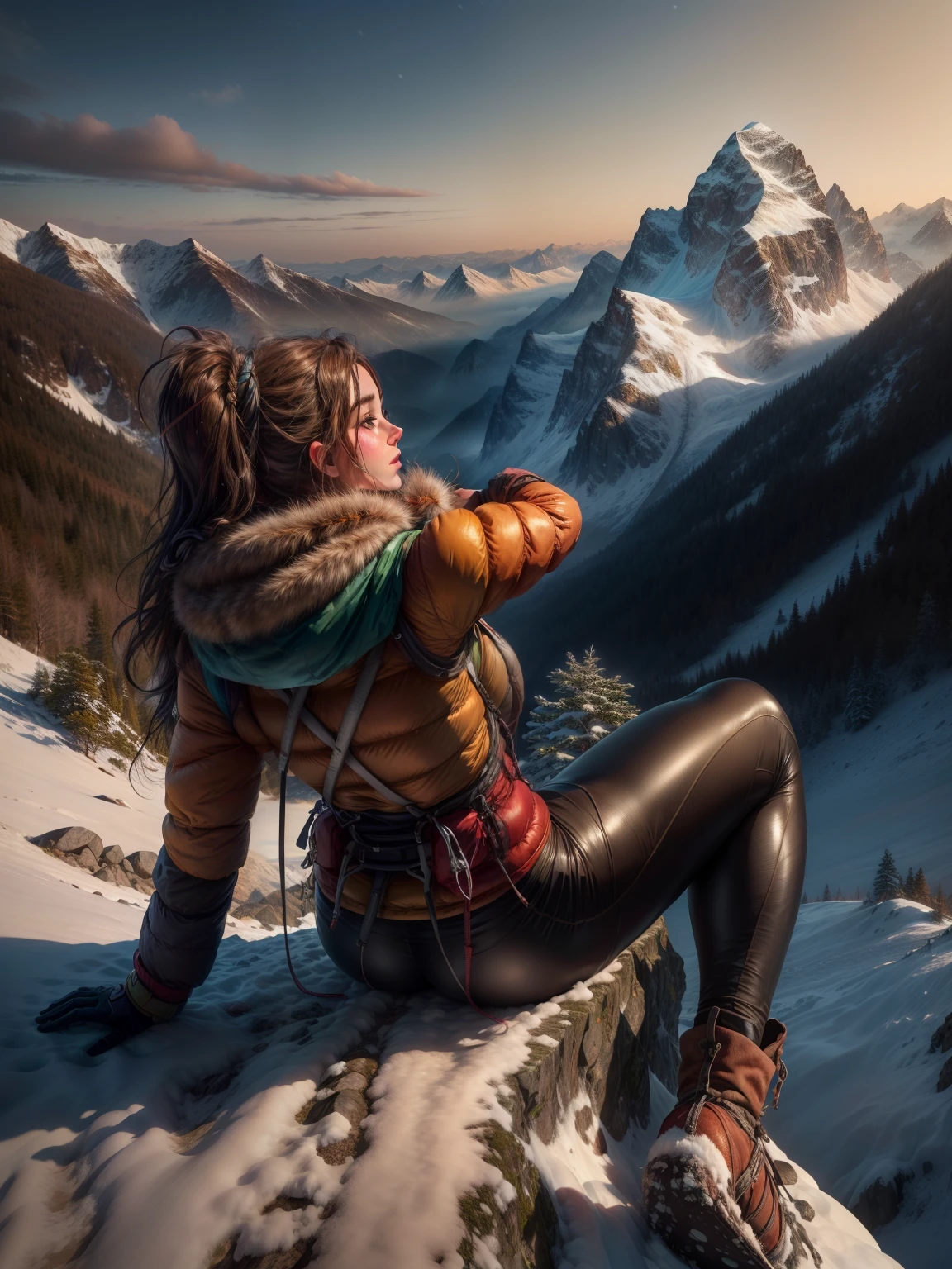 highest quality, masterpiece, Highly detailed background, Majestic Mountain々Back view of a girl climbing a hill, ((Winter mountaineer style clothing)), A person stretching out in the sunlight shining in from the mountaintop, Beautiful landscape in earth tones, A Hopeful Outlook, Expressions that give viewers a gentle feeling, Focus on the landscape、Make portrait smaller..