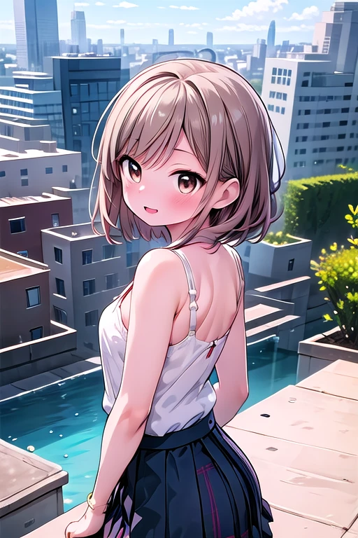 masterpiece, highest quality, High resolution, Aema, A woman with short brown hair.Slightly chubby,The breasts are small,The butt is small,Brown eyes, , Waist clothes, Skirt, arms spread, rooftop, smile, Open your mouth, blue sky, city