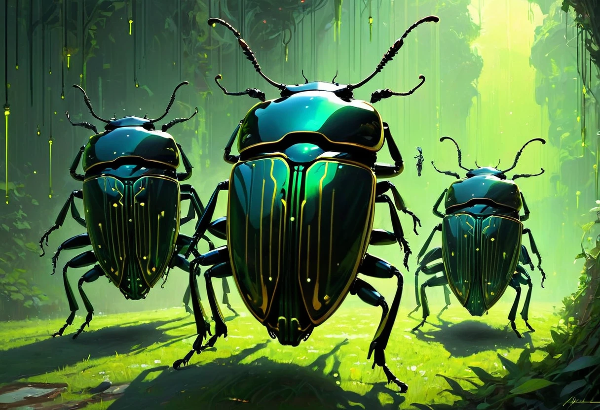 Hyper-detailed digital painting depicting buggy code transforming into dance-like beetles and graceful girls cascading, all amidst a backdrop of binary green code, inspired by the styles of John Patience and James Jean, with influences from Benedick Bana, atmospheric lighting enhancing the hyper-realistic portrayal, masterpiece in high definition with volumetric effects.