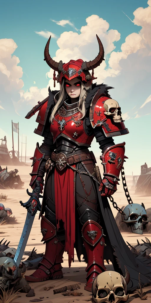 1boy, man, (masterpiece:1.2), (best quality:1.2), extremely detailed, highres, khorne, red armor, full armor, skull, spiked armor, chain, helm, helmet, horned helmet, pauldrons, sword, torn cape, gauntlets, black fur, plate armor, glowing eyes, red eyes, wasteland, dessert