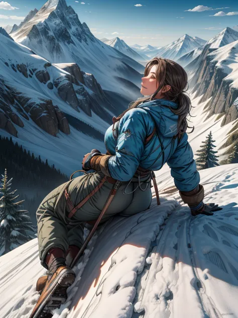 highest quality, masterpiece, highly detailed background, majestic mountain々back view of a girl climbing a hill, ((winter mounta...