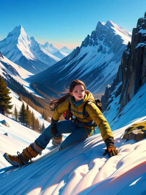 highest quality, masterpiece, highly detailed background, majestic mountain々back view of a girl climbing a hill, ((winter mounta...