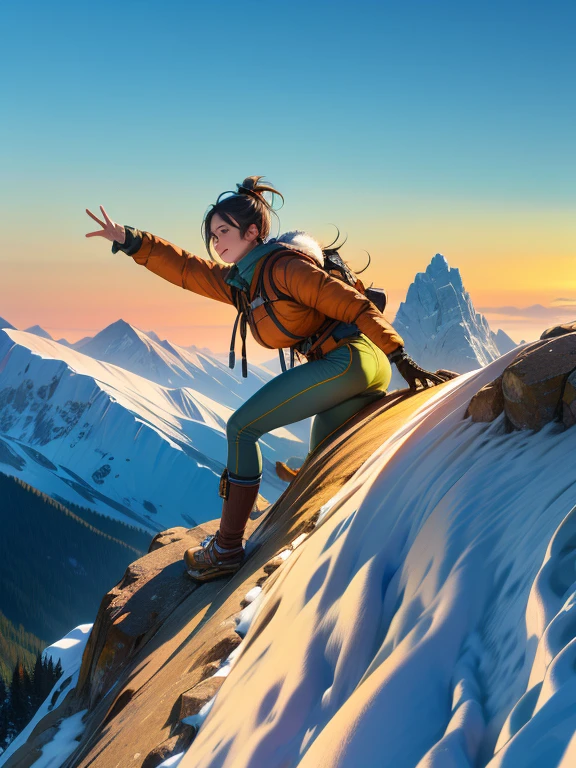 highest quality, masterpiece, Highly detailed background, Majestic Mountain々Back view of a girl climbing a hill, ((Winter mountaineer style clothing)), A person stretching out in the sunlight shining in from the mountaintop, Beautiful landscape in earth tones, A Hopeful Outlook, Expressions that give viewers a gentle feeling, Focus on the landscape、Make portrait smaller..