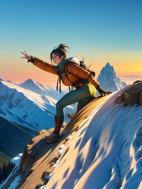 highest quality, masterpiece, Highly detailed background, Majestic Mountain々Back view of a girl climbing a hill, ((Winter mounta...