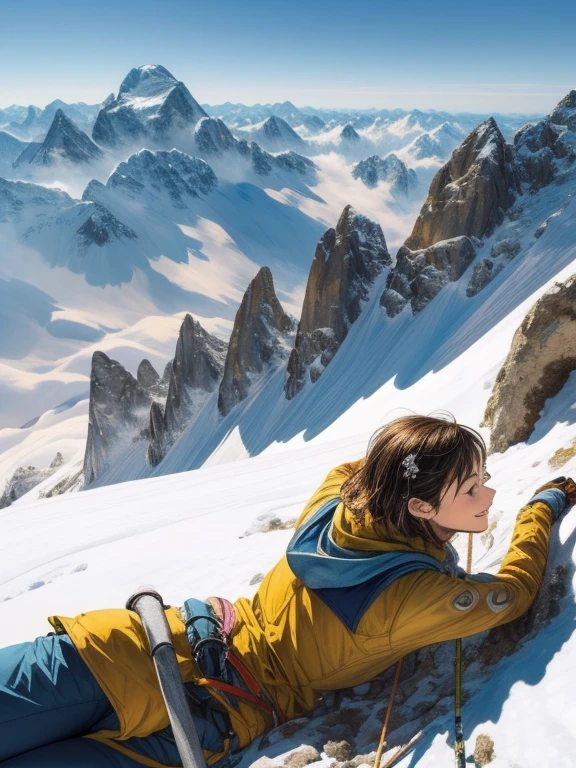 highest quality, masterpiece, Highly detailed background, Majestic Mountain々Back view of a girl climbing a hill, ((Winter mountaineer style clothing)), A person stretching out in the sunlight shining in from the mountaintop, Beautiful landscape in earth tones, A Hopeful Outlook, Expressions that give viewers a gentle feeling, Focus on the landscape、Make portrait smaller..