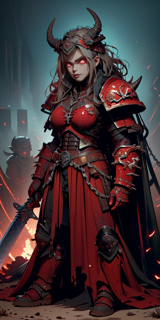 1boy, man, (masterpiece:1.2), (best quality:1.2), extremely detailed, highres, khorne female breastplate, red armor, full armor, skull, spiked armor, chain, helm, helmet, horned helmet, pauldrons, sword and rifle voltage, torn cape, gauntlets, black fur, plate armor, glowing eyes, red eyes, wasteland, dessert