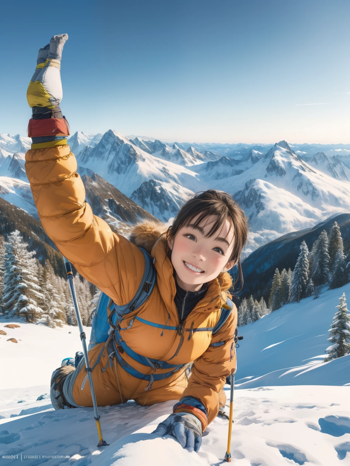 highest quality, masterpiece, Highly detailed background, Majestic Mountain々Back view of a girl climbing a hill, ((Winter mountaineer style clothing)), A person stretching out in the sunlight shining in from the mountaintop, Beautiful landscape in earth tones, A Hopeful Outlook, Expressions that give viewers a gentle feeling, Focus on the landscape、Make portrait smaller..