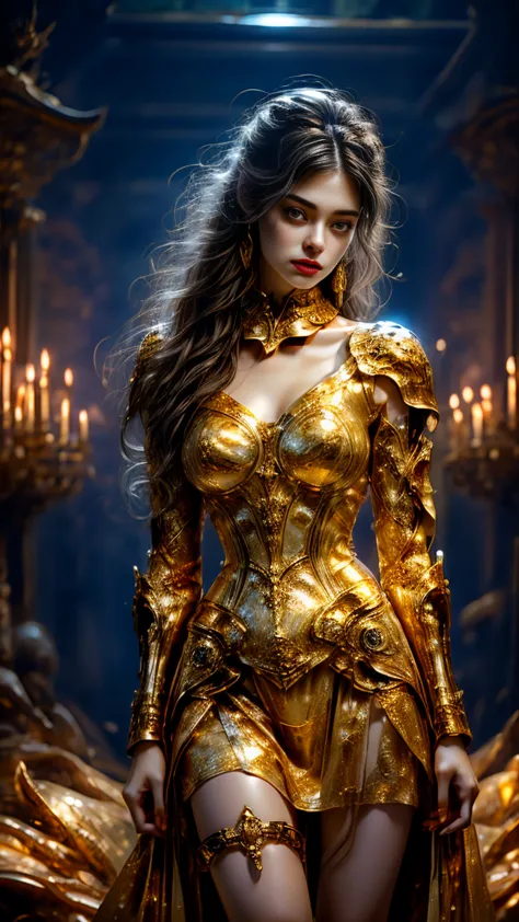 Painting of a woman in armor holding a sword，Golden Armor，Beautiful female knight，Light gold，Gold Obsidian Armor，golden goddess ...